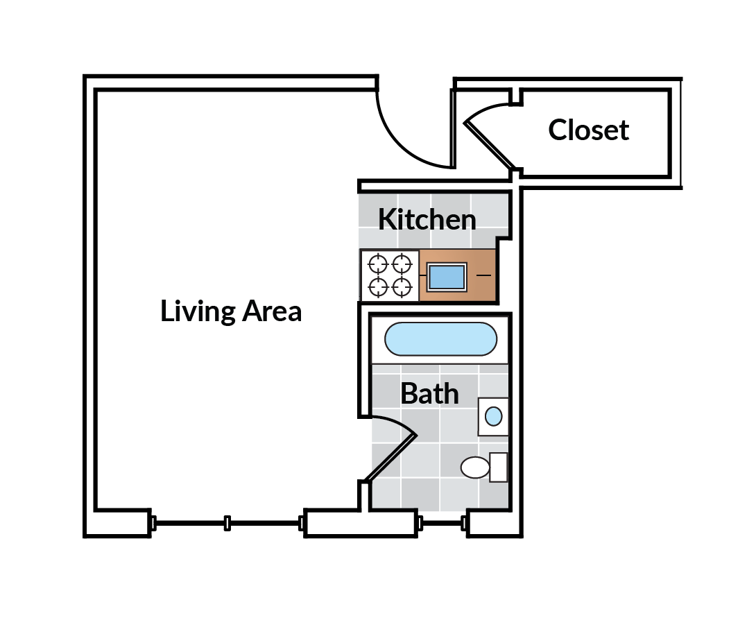 Floor plan for studio, 1 bath, 312 sqft